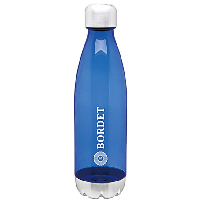 A drink bottle in a transparent blue colour with a white cap and a logo on the front.