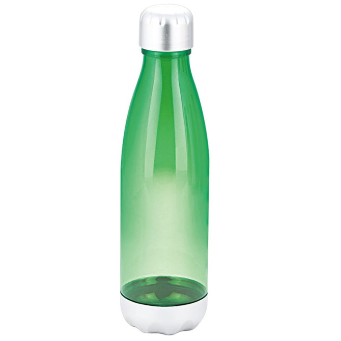 A drink bottle in a green transparent design with a silver cap and base. It features a logo on the surface.
