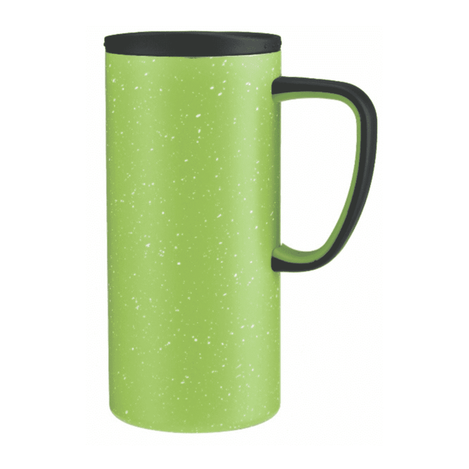 A travel mug in a speckled green finish with a black lid and handle. It features a logo on the body.