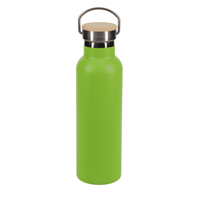 A drink bottle in bright green with a stainless steel cap and a wooden top. It features a logo.