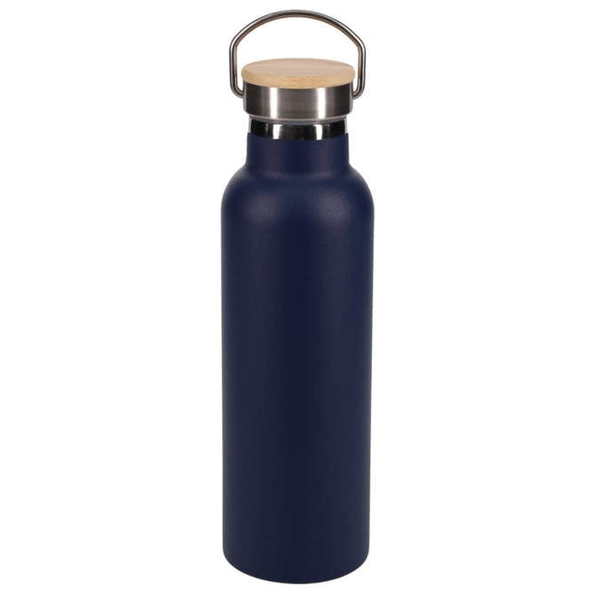 A drink bottle in navy blue with a stainless steel cap and a wooden top. Features a sleek design and a logo.