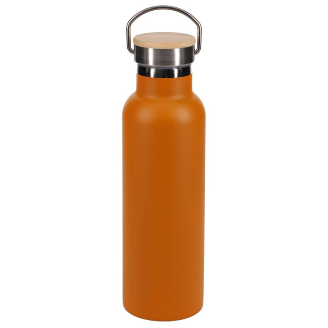 A drink bottle in matte orange with a stainless steel lid and a wooden top handle. It features a logo.