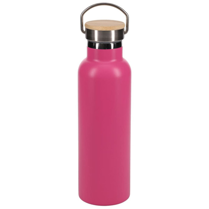 A drink bottle in vibrant pink with a stainless steel cap and a wooden handle, featuring a simple logo.