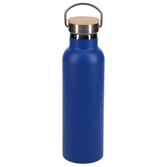 A drink bottle in matte blue with a stainless steel and bamboo lid, featuring a sleek design and a logo.