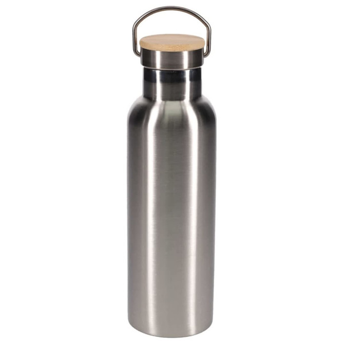 A drink bottle in stainless steel with a wooden lid and metal handle, featuring a sleek, modern design.