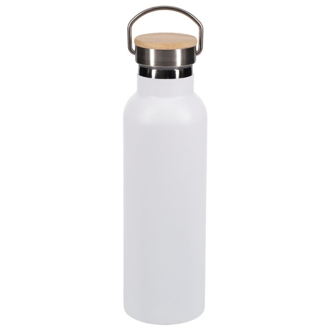 A drink bottle in white with a stainless steel lid and a bamboo top. It has a simple, sleek design.