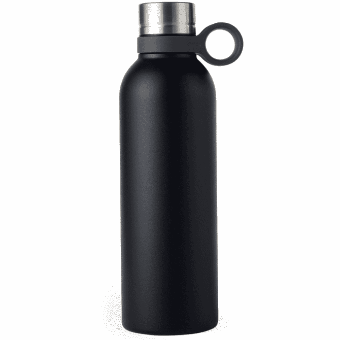 A drink bottle in matte black, featuring a stainless steel lid and a looped handle. It includes a logo.