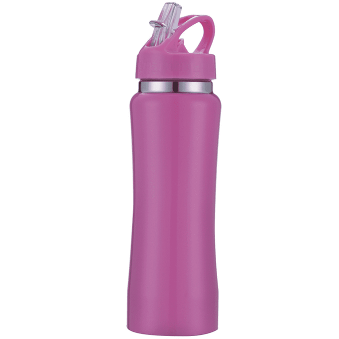A drink bottle in vibrant pink with a screw-top lid and a built-in straw, featuring a logo.