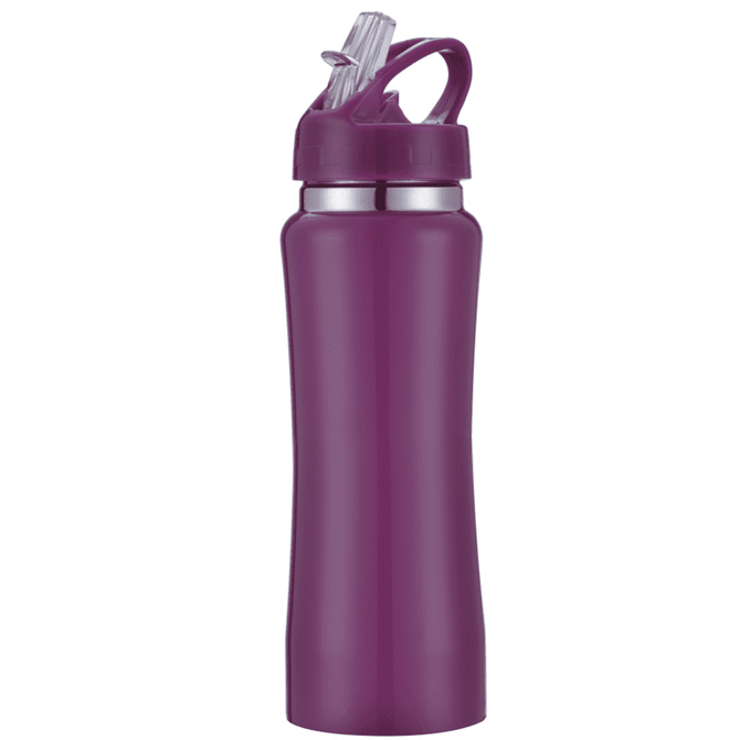A drink bottle in a vibrant purple colour features a flip-top lid and a built-in straw. It has a logo on it.