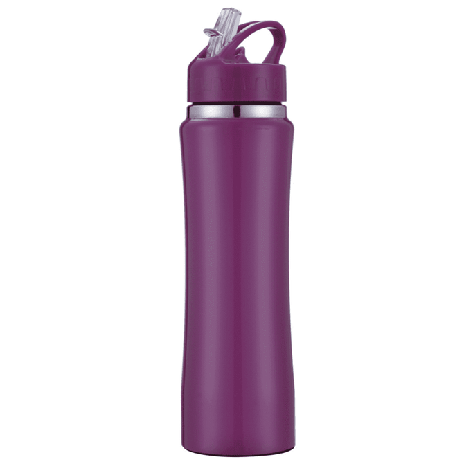 A drink bottle in a rich purple hue with a secure lid and built-in straw, featuring a logo.