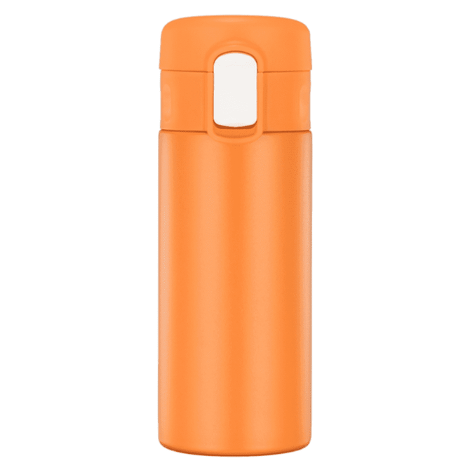 An orange drink bottle with a sleek design and a built-in flip top. It features a logo on the surface.