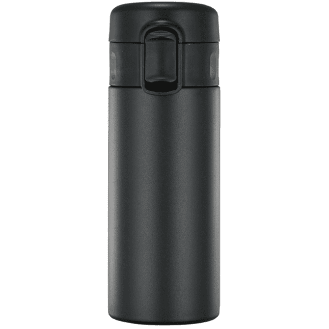 A drink bottle in matte black with a flip-top lid and a built-in handle. Features a logo on the surface.