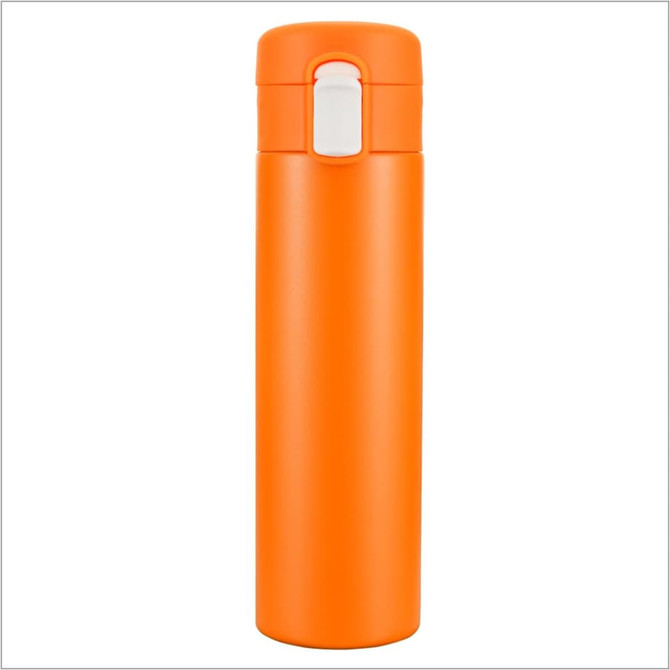 A drink bottle in bright orange with a white flip-top lid and a smooth, glossy finish, featuring a logo.