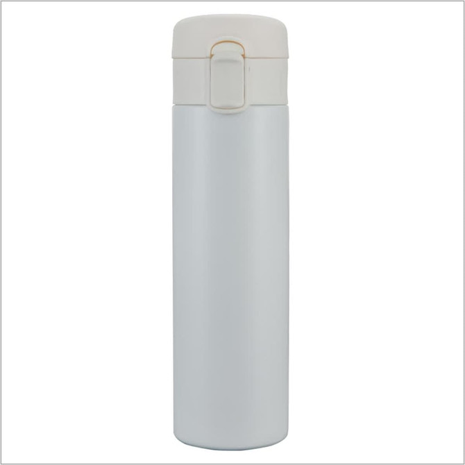 A drink bottle in a sleek silver finish with a beige lid and a simple logo.