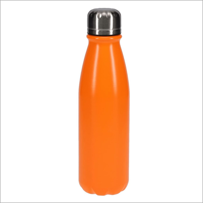 An orange stainless steel drink bottle with a silver-coloured cap and a sleek, modern design.