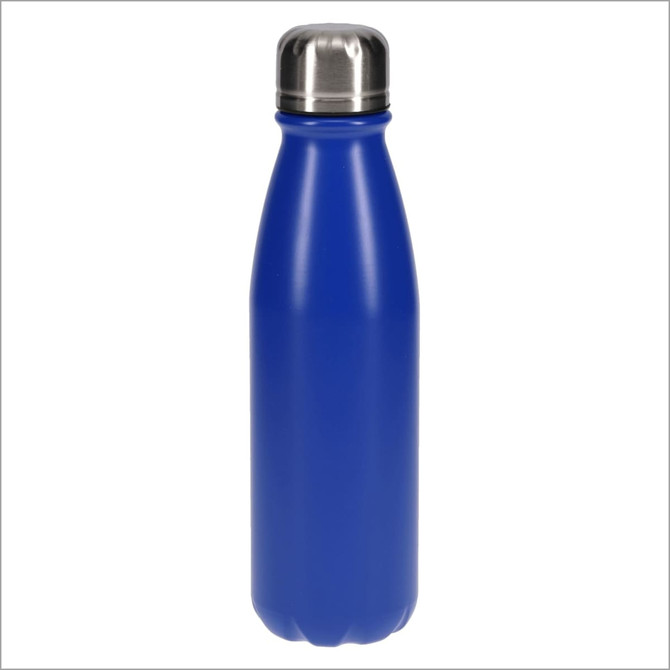 A drink bottle in a vibrant blue colour with a stainless steel cap. It features a sleek, cylindrical design.
