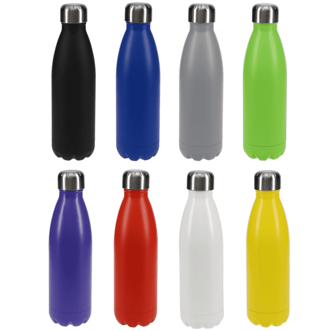 A drink bottle collection featuring black, blue, grey, green, purple, red, white, and yellow bottles with metal lids.