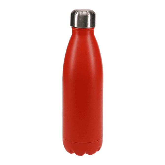 A drink bottle in vibrant red with a stainless steel cap, featuring a sleek, modern design and a branding logo.