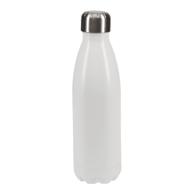 A drink bottle in sleek white with a stainless steel cap and a smooth, curved design.