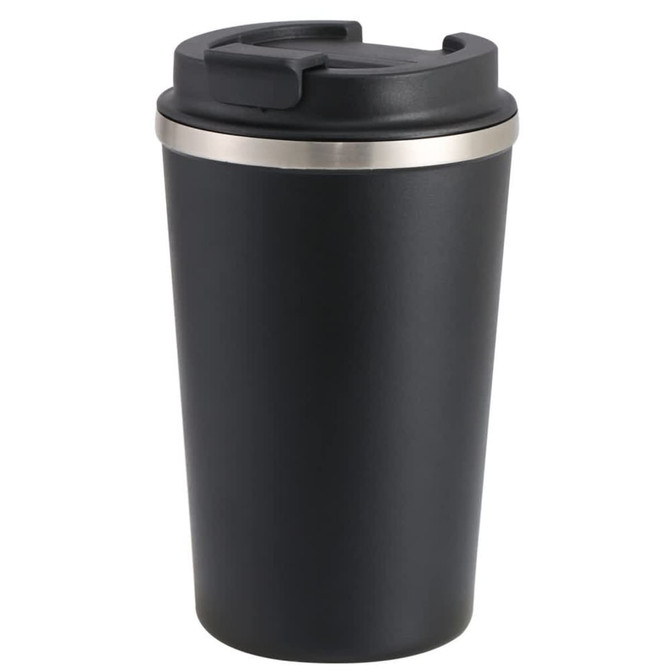 A black plastic tumbler with a stainless steel band and a secure lid. It features a logo on the side.