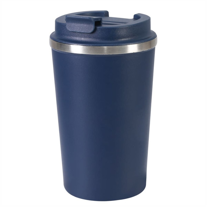A drink bottle in navy blue with a stainless steel band and a lid for easy drinking. It features a logo.