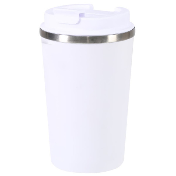 A white drink tumbler with a metallic band around the top and a lid. Features a logo on the side.