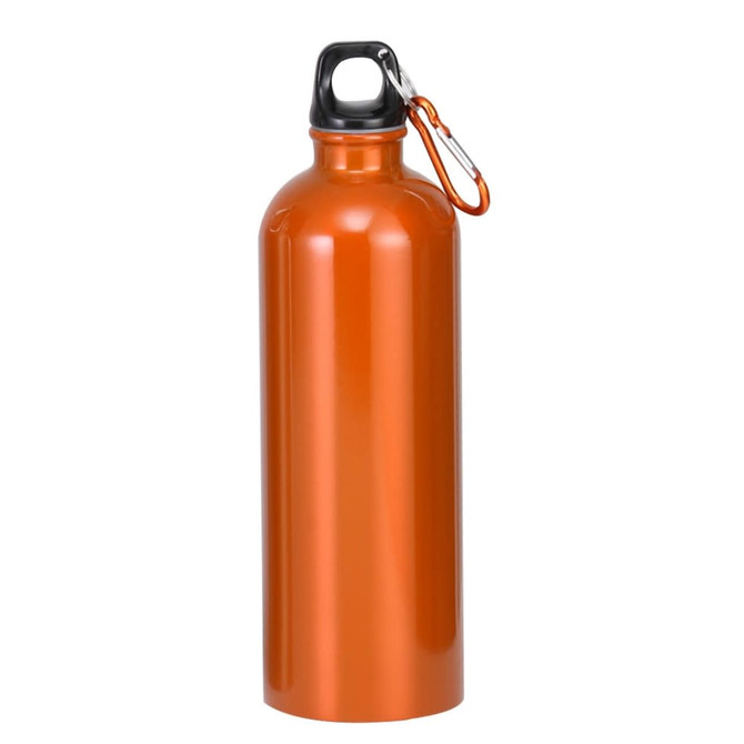 An orange drink bottle with a black top and a carabiner for attaching. It features a logo branding.