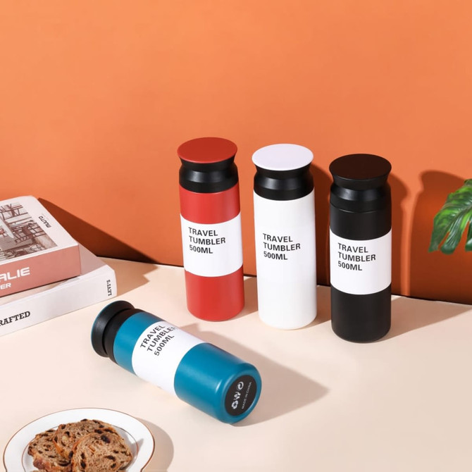 A drink bottle set featuring red, white, black, and blue tumblers, each with a black lid and a logo.