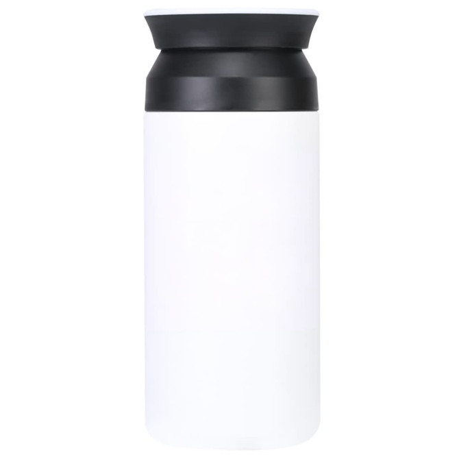 A drink bottle in white with a black lid, featuring a smooth finish and a simple design. It has a logo.