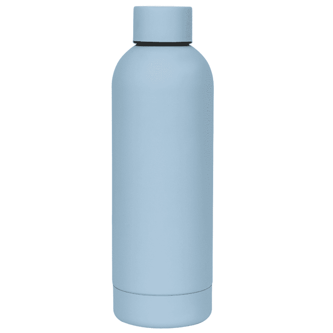 A drink bottle in a soft blue colour with a sleek, rounded design and a black rim, featuring a logo.
