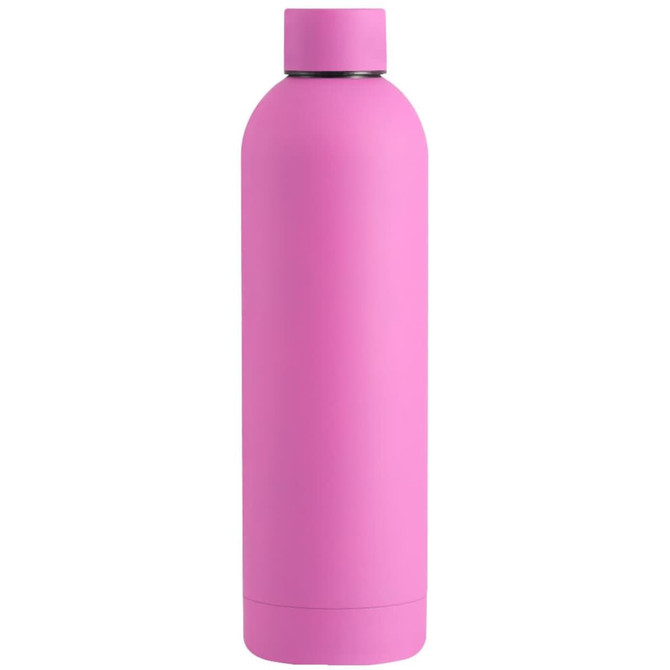 A drink bottle in a vibrant pink colour with a smooth matte finish and a secure screw-on lid.