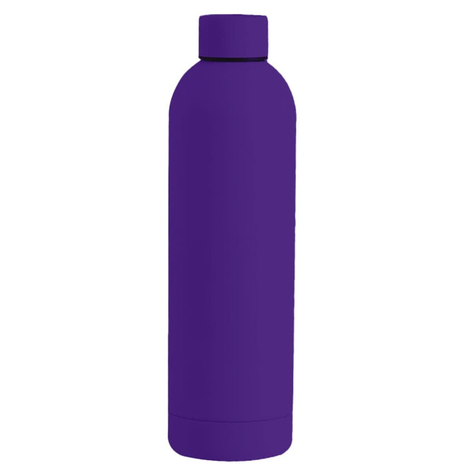 A drink bottle in a vibrant purple colour with a rounded shape and a screw-on lid. It features a logo.