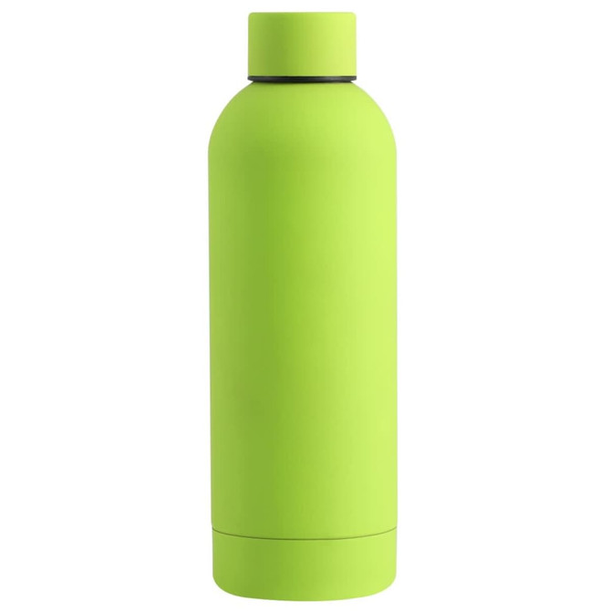 A drink bottle in vibrant lime green with a smooth, matte finish and a screw-top lid, featuring a logo.