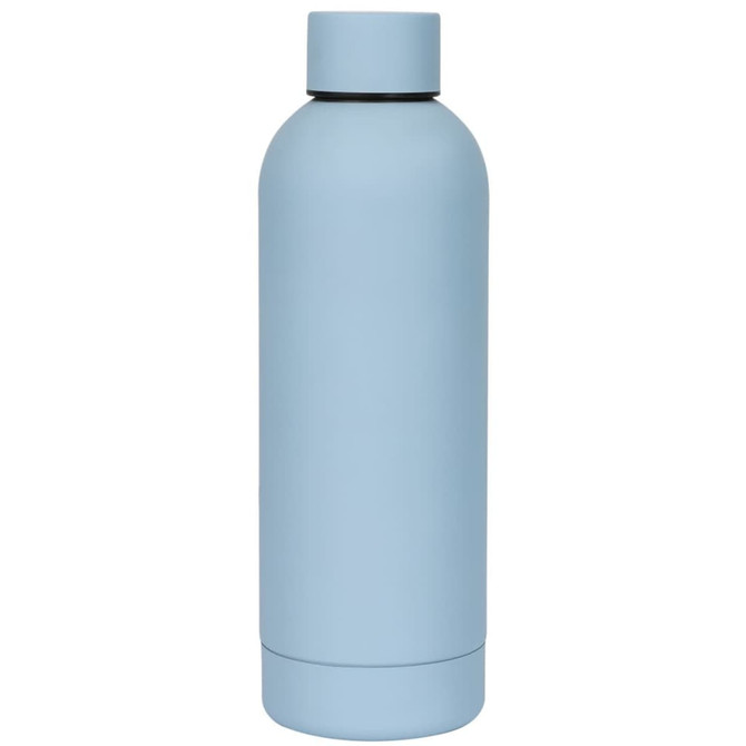 A drink bottle in a soft blue colour with a sleek design and a black lid, featuring a logo.
