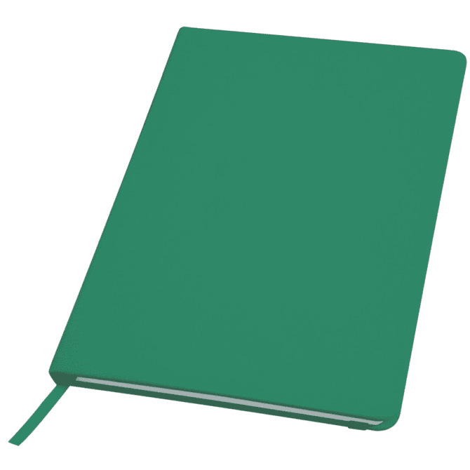 A green notebook with a smooth cover, featuring a ribbon marker and a branding logo.