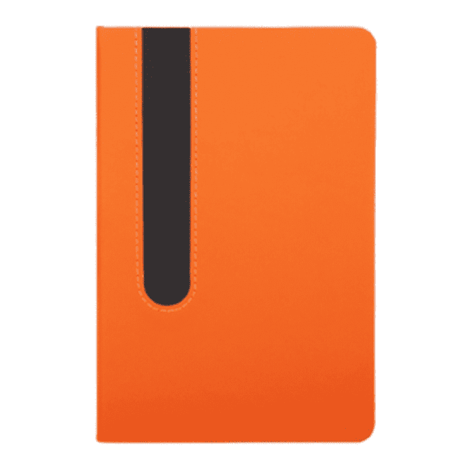 An orange notebook with a black accent and a cutout design on the front cover. It has a sleek, smooth finish.