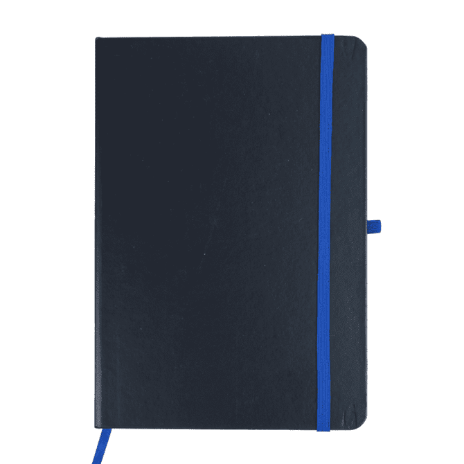 A dark navy notebook with a blue elastic band and a matching ribbon bookmark. It features a logo on the cover.
