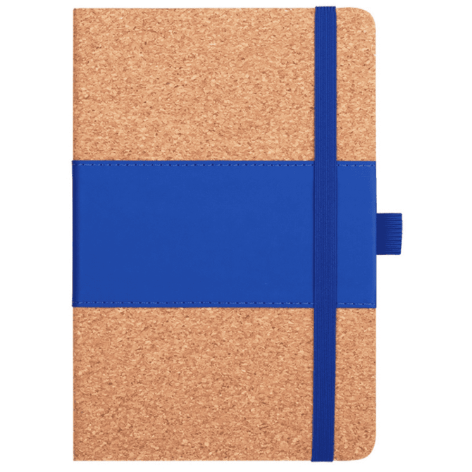 A cork notebook with a blue elastic band and a blue strap, featuring a smooth texture and rounded corners.