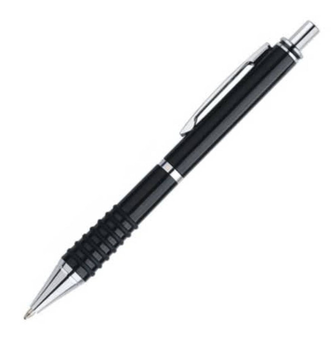 A black plastic pen with chrome accents and a textured grip, featuring a logo.
