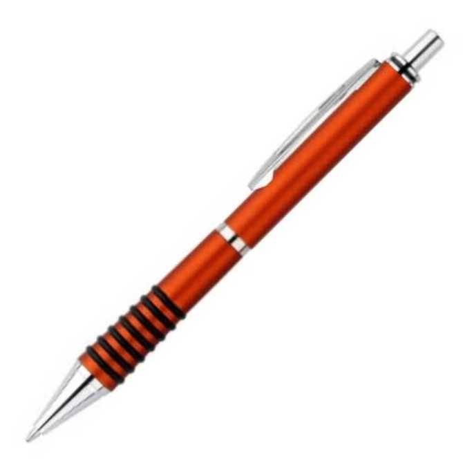 An orange plastic pen with silver accents and a textured grip, featuring a clip and a logo.