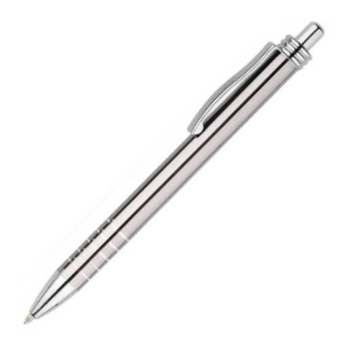 A sleek silver metal pen with a clip and a smooth finish, featuring a branding logo.