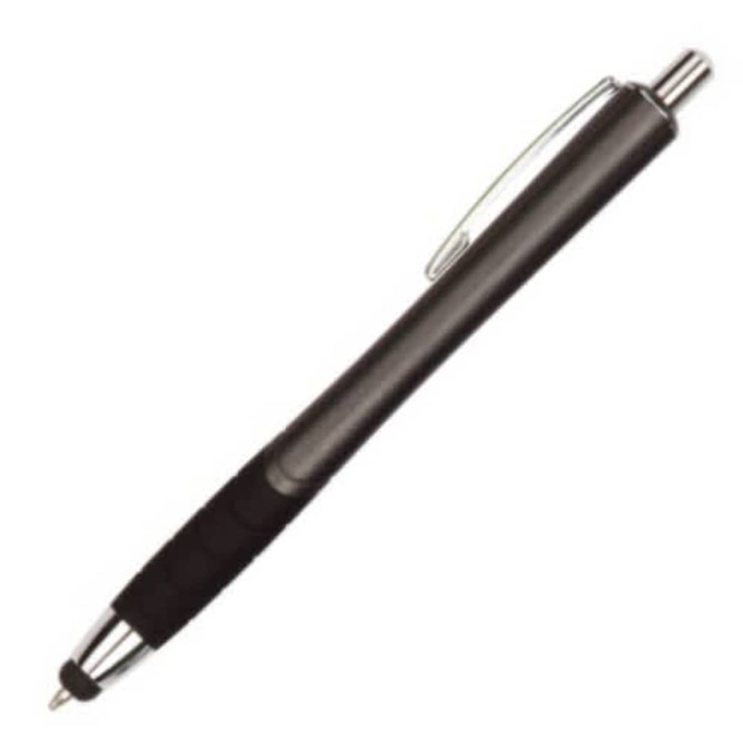 A stylus pen with a sleek black body, silver accents, and a textured grip for comfort. It features a logo.