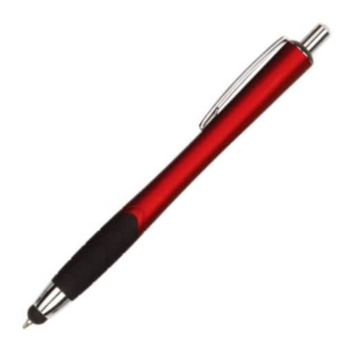 A red stylus pen with a shiny finish and a black grip, featuring a silver clip and detailing.