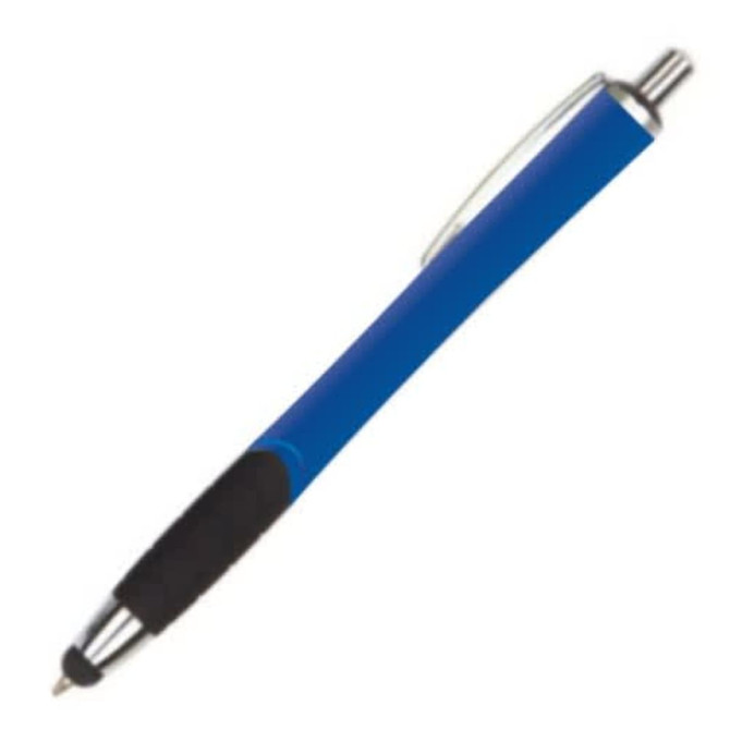 A blue stylus pen with a silver clip and a textured black grip, featuring a branding logo.