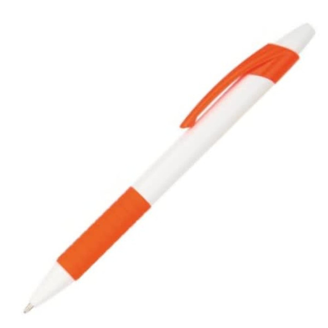 A plastic pen featuring a white body with orange accents and a textured grip. It has a branding logo.