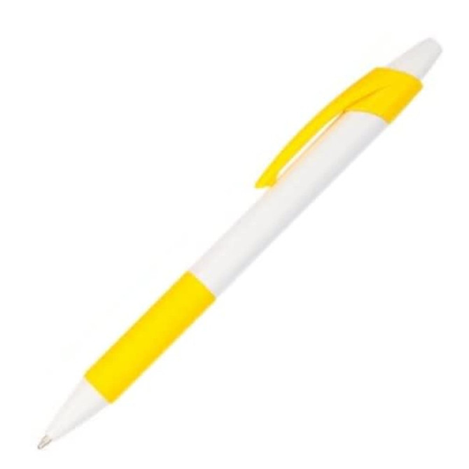 A plastic pen with a white barrel and yellow accents, featuring a clip and grip section.