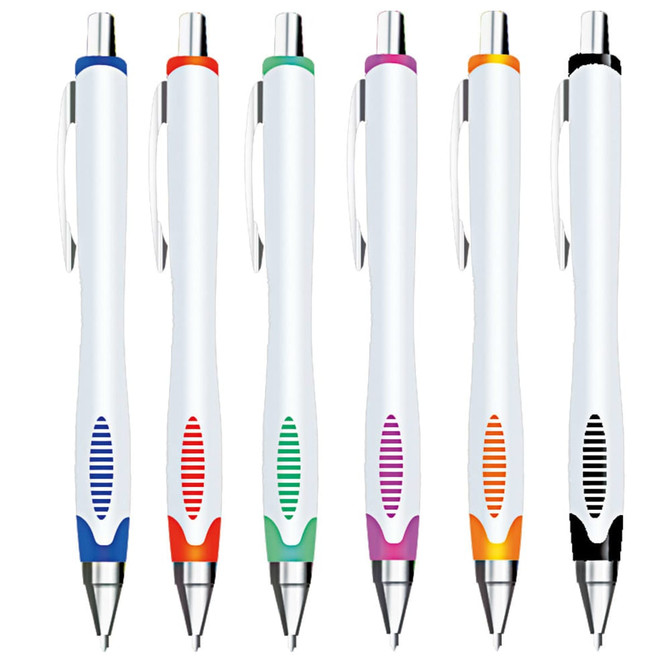 A set of six plastic pens in blue, orange, green, purple, and black, featuring a white body and a logo.