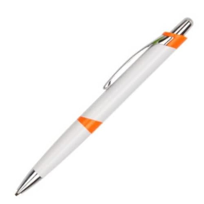 A plastic pen featuring a white body with orange accents and a silver clip. It has a simple, modern design.