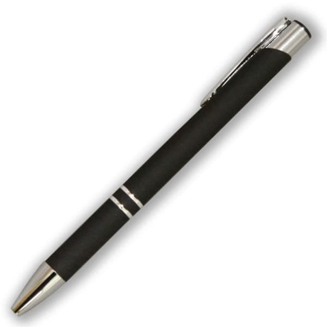 A sleek black metal pen with chrome accents and a smooth grip, featuring a clip and decorative bands.