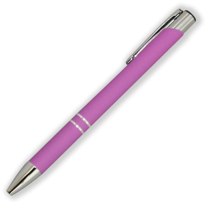 A pink metal pen with a shiny silver clip and accents. It features a smooth, sleek design.